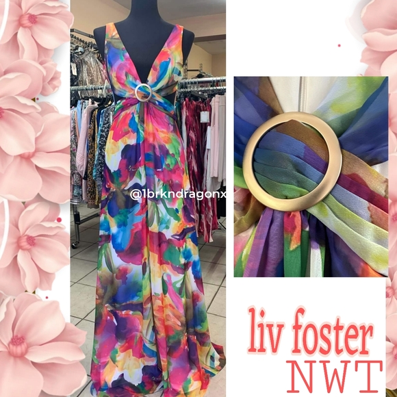 NWT Cut Out Dress Tropical Beach Tye-Die Floral Floor Length Dress A-Line Slit - Picture 14 of 16